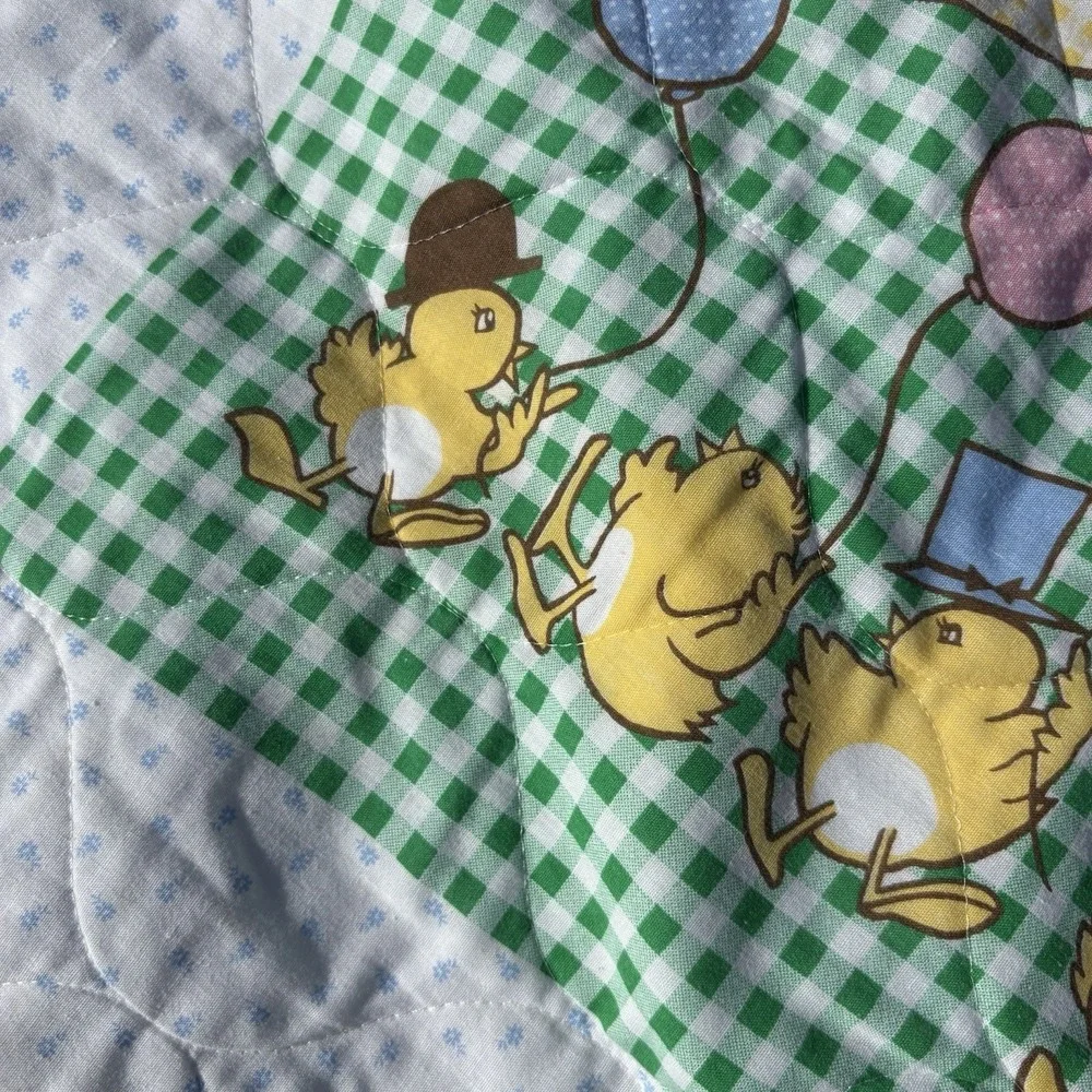 VTG Old McDonald Baby Blanket Quilt Throw Blue White Gingham Sun Rainbow Balloon